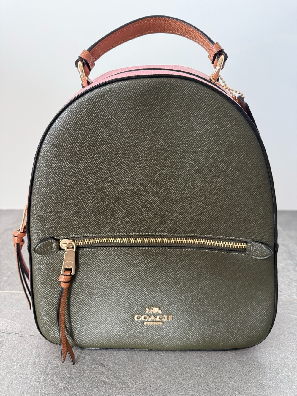 Coach Olive Green Leather Dome Backpack with Pink Top and Tan Handle